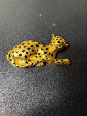 Vintage Doreen Ryan Leopard Gold Brooch with Green Jeweled Eyes